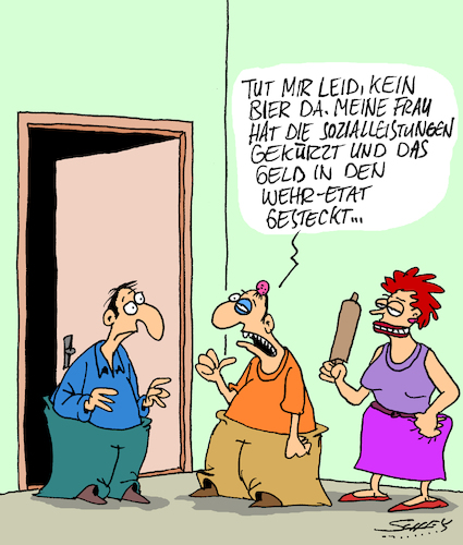 Cartoon: Kürzungen (medium) by Karsten Schley tagged sozialkürzungen,verteidigung,budget,geld,familien,gesellschaft,beziehungen,bier,liebe,deutschland,europa,finanzen,sozialkürzungen,verteidigung,budget,geld,familien,gesellschaft,beziehungen,bier,liebe,deutschland,europa,finanzen