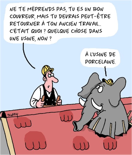 Cartoon: Les bons artisans (medium) by Karsten Schley tagged artisanat,couvreurs,emplois,economie,travail,talent,carriere,elephants,porcelaine,artisanat,couvreurs,emplois,economie,travail,talent,carriere,elephants,porcelaine