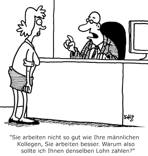 Cartoon: Lohngleichheit (medium) by Karsten Schley tagged lohngleichheit,männer,frauen,bezahlung,wirtschaft,business,gerechtigkeit,gleichberechtigung,gesellschaft,politik,lohngleichheit,männer,frauen,bezahlung,wirtschaft,business,gerechtigkeit,gleichberechtigung,gesellschaft,politik