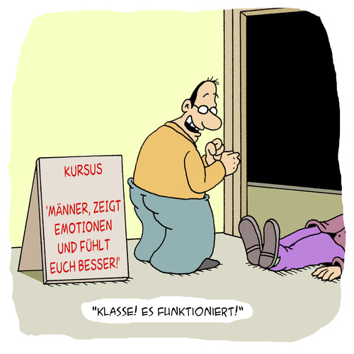 Cartoon: MÄNNER - ZEIGT EMOTIONEN!! (medium) by Karsten Schley tagged weiterbildung,bildung,gesellschaft,kommunikation,psychologie,gefühle,emotionen,männer,männer,emotionen,gefühle,psychologie,kommunikation,gesellschaft,bildung,weiterbildung