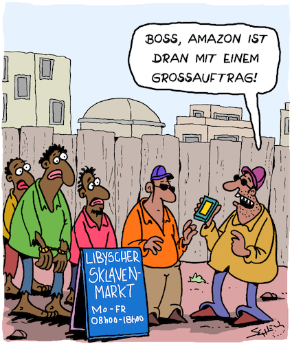 Cartoon: Marktplatz (medium) by Karsten Schley tagged amazon,ausbeutung,handel,kapitalismus,sklavenhandel,libyen,konzerne,wirtschaft,geld,arbeitgeber,arbeitnehmer,arbeitnehmerrechte,politik,steuern,wirtschaftsverbrecher,steuerbetrüger,amazon,ausbeutung,handel,kapitalismus,sklavenhandel,libyen,konzerne,wirtschaft,geld,arbeitgeber,arbeitnehmer,arbeitnehmerrechte,politik,steuern,wirtschaftsverbrecher,steuerbetrüger