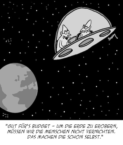 Cartoon: Menschheit (medium) by Karsten Schley tagged budget,politik,aliens,menschen,vernichtung,erde,science,fiction,umwelt,krieg,gesellschaft,budget,politik,aliens,menschen,vernichtung,erde,science,fiction,umwelt,krieg,gesellschaft