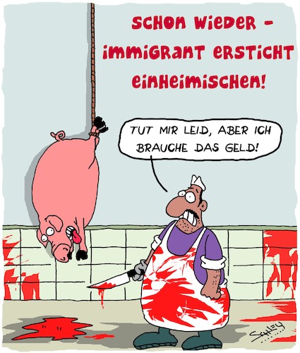 Cartoon: Messerstecher (medium) by Karsten Schley tagged messerangriff,sicherheit,ernährung,jobs,business,immigration,kriminalstatistik,gesellschaft,faschismus,rassismus,fleisch,populismus,fakten,medien,politik,messerangriff,sicherheit,ernährung,jobs,business,immigration,kriminalstatistik,gesellschaft,faschismus,rassismus,fleisch,populismus,fakten,medien,politik