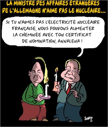 Cartoon: Mme Baerbock en France (medium) by Karsten Schley tagged baerbock,nucleaire,france,allemagne,politique,environnement,energie,societe,chancelier,scholz,baerbock,nucleaire,france,allemagne,politique,environnement,energie,societe,chancelier,scholz