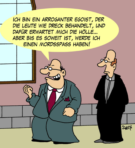 Cartoon: Mordsspaß (medium) by Karsten Schley tagged religion,kirche,sünde,nächstenliebe,egoismus,arroganz,hölle,religion,kirche,sünde,nächstenliebe,egoismus,arroganz,hölle