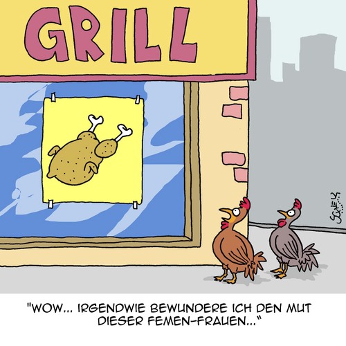 Cartoon: Mut (medium) by Karsten Schley tagged frauen,frauenrechte,femen,gastronomie,mut,gesellschaft,business,tiere,hühner,frauen,frauenrechte,femen,gastronomie,mut,gesellschaft,business,tiere,hühner