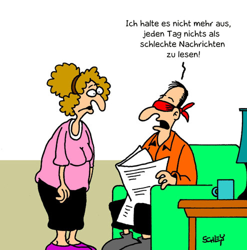 Cartoon: Nachrichten (medium) by Karsten Schley tagged medien,nachrichten,unterhaltung,zeitungen,presse,entertainment,news,medien,nachrichten,unterhaltung,zeitungen,presse,entertainment,news,zeitung,schlecht,gut,lesen,blind,ignorieren