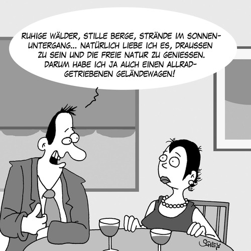 Cartoon: Naturfreund (medium) by Karsten Schley tagged natur,liebe,dating,männer,frauen,beziehungen,romantik,autos,umwelt,umweltschutz,natur,liebe,dating,männer,frauen,beziehungen,romantik,autos,umwelt,umweltschutz