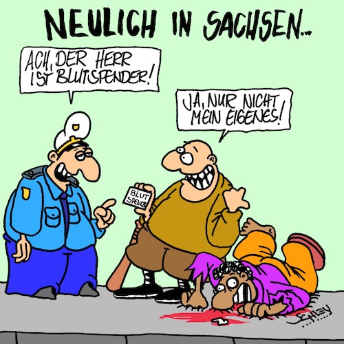 Cartoon: Neulich... (medium) by Karsten Schley tagged nazis,ostdeutschland,gewalt,terrorismus,kriminalität,rassismus,politik,demokratie,gesellschaft,nazis,ostdeutschland,gewalt,terrorismus,kriminalität,rassismus,politik,demokratie,gesellschaft