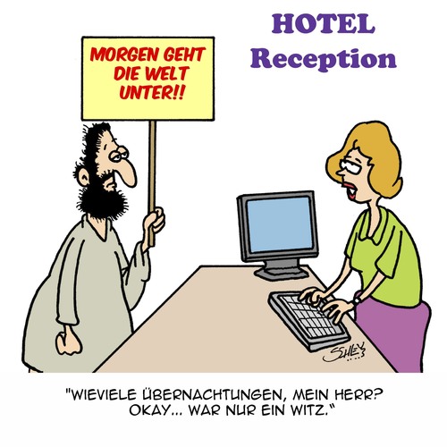 Cartoon: Neulich im Hotel (medium) by Karsten Schley tagged hotel,tourismus,gastronomie,gastgewerbe,weltuntergang,pessimismus,humor,hotel,tourismus,gastronomie,gastgewerbe,weltuntergang,pessimismus,humor