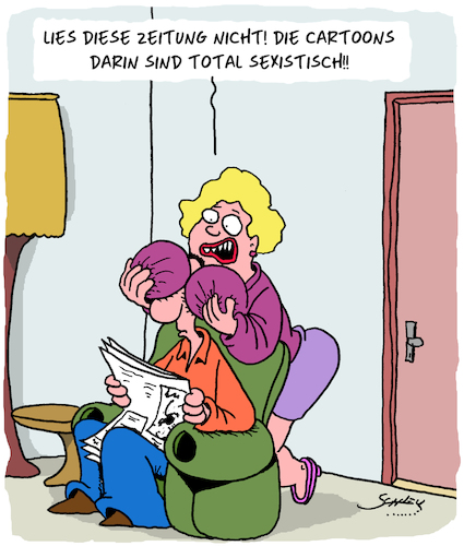 Cartoon: Nicht lesen!! (medium) by Karsten Schley tagged medien,metoo,frauen,männer,humorpolizei,zensur,gesellschaft,cartoons,karikaturen,medien,metoo,frauen,männer,humorpolizei,zensur,gesellschaft,sex,cartoons,karikaturen