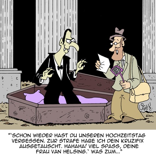 Cartoon: NICHT vergessen!! (medium) by Karsten Schley tagged männer,frauen,liebe,hochzeit,hochzeitstag,jubiläum,ehe,beziehungen,rache,humor,vampire,horror,männer,frauen,liebe,hochzeit,hochzeitstag,jubiläum,ehe,beziehungen,rache,humor,vampire,horror