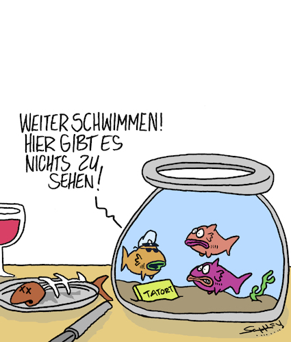 Cartoon: Nichts zu sehen (medium) by Karsten Schley tagged kriminalität,tod,ernährung,tiere,fische,polizei,gaffer,gesetze,justiz,gesellschaft,kriminalität,tod,ernährung,tiere,fische,polizei,gaffer,gesetze,justiz,gesellschaft