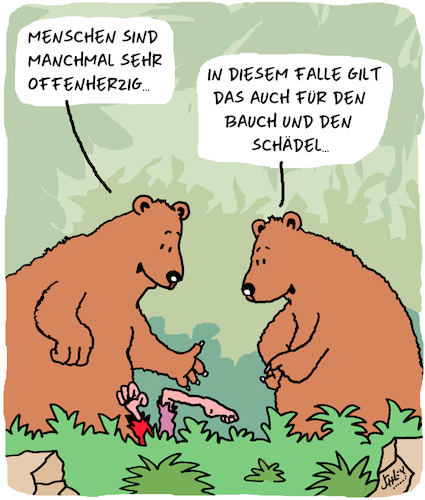 Cartoon: Offen... (medium) by Karsten Schley tagged natur,tiere,bären,wald,menschen,ernährung,offenherzigkeit,natur,tiere,bären,wald,menschen,ernährung,offenherzigkeit