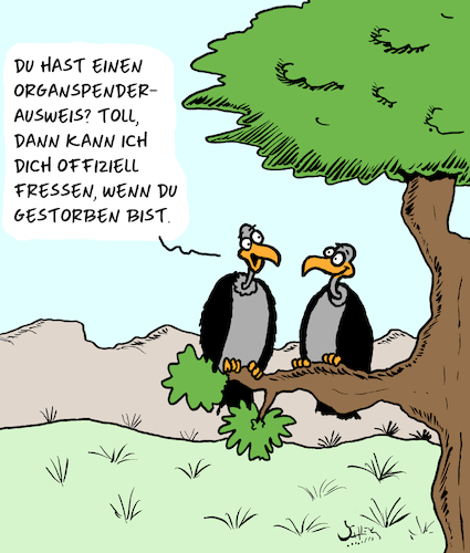 Cartoon: Offiziell (medium) by Karsten Schley tagged organspender,gesundheit,leben,tod,natur,tiere,geier,wildnis,gesellschaft,organspender,gesundheit,leben,tod,natur,tiere,geier,wildnis,gesellschaft