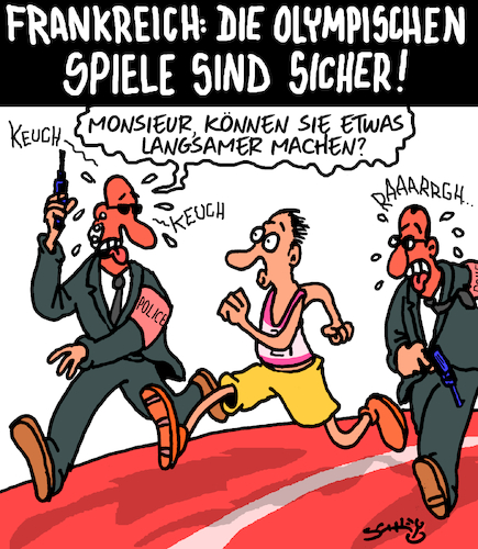 Cartoon: Olympia 2024 (medium) by Karsten Schley tagged olympia,sicherheit,frankreich,terrorwarnung,anschläge,terrorwarnstufen,polizei,sport,medien,gesellschaft,olympia,sicherheit,frankreich,terrorwarnung,anschläge,terrorwarnstufen,polizei,sport,medien,gesellschaft