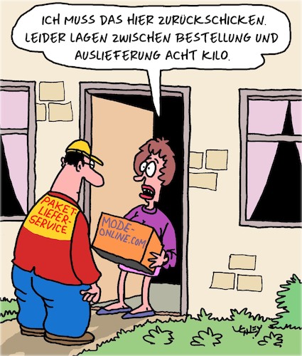 Cartoon: Paketzustellung (medium) by Karsten Schley tagged onlineshopping,mode,paketzustellung,transport,lieferservice,gewicht,ernährung,kundenservice,frauen,wirtschaft,business,gesellschaft,onlineshopping,mode,paketzustellung,transport,lieferservice,gewicht,ernährung,kundenservice,frauen,wirtschaft,business,gesellschaft