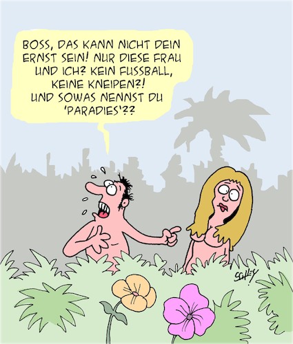 Cartoon: Paradies?? (medium) by Karsten Schley tagged adam,eva,paradies,religion,gott,christentum,männer,frauen,fußball,kneipen,adam,eva,paradies,religion,gott,christentum,männer,frauen,fußball,kneipen