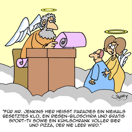 Cartoon: Paradiesisch!! (medium) by Karsten Schley tagged religion,gott,glaube,himmel,christentum,leben,tod,paradies,bie,sport,pizza,tv,religion,gott,glaube,himmel,christentum,leben,tod,paradies,bie,sport,pizza,tv