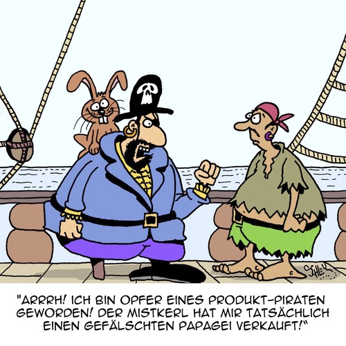 Cartoon: Piraterie (medium) by Karsten Schley tagged hasen,papageien,tiere,seefahrt,fälschungen,produkte,gesetze,wirtschaftsverbrechen,business,wirtschaft,kriminalität,piraten,produktpiraterie,produktpiraterie,piraten,kriminalität,wirtschaft,business,wirtschaftsverbrechen,gesetze,produkte,fälschungen,seefahrt,tiere,papageien,hasen