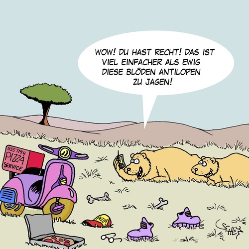 Cartoon: Pizza Service (medium) by Karsten Schley tagged essen,jagen,tiere,ernährung,nahrungskette,antilopen,löwen,natur,wildnis,raubtiere,essen,jagen,tiere,ernährung,nahrungskette,antilopen,löwen,natur,wildnis,raubtiere