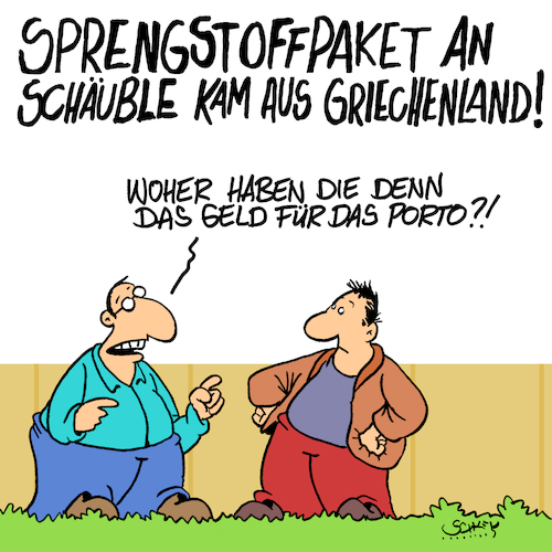 Cartoon: Portokasse (medium) by Karsten Schley tagged griechenland,schulden,schäuble,deutschland,eu,iwf,terrorismus,extremismus,anschlag,post,geld,griechenland,schulden,schäuble,deutschland,eu,iwf,terrorismus,extremismus,anschlag,post,geld