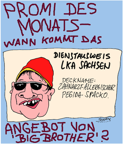 Cartoon: Promi (medium) by Karsten Schley tagged lka,pegida,sachsen,demokratie,internet,ruhm,intelligenz,hut,deutschland,faschismus,rassismus,medien,lka,pegida,sachsen,demokratie,internet,ruhm,intelligenz,hut,deutschland,faschismus,rassismus,medien