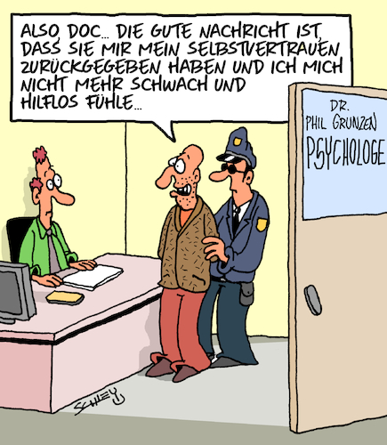 Cartoon: Psychologie (medium) by Karsten Schley tagged psychologie,selbstvertrauen,opfer,stärke,schwäche,ärzte,patienten,heilung,kriminalität,justiz,polizei,gesellschaft,psychologie,selbstvertrauen,opfer,stärke,schwäche,ärzte,patienten,heilung,kriminalität,justiz,polizei,gesellschaft