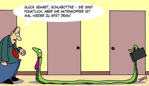 Cartoon: Pünktlich (medium) by Karsten Schley tagged arbeit,arbeitgeber,arbeitnehmer,vorgesetzte,pünktlichkeit,jobs,business,arbeit,arbeitgeber,arbeitnehmer,vorgesetzte,pünktlichkeit,jobs,business