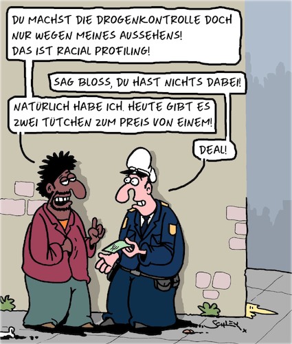 Cartoon: Racial Profiling (medium) by Karsten Schley tagged racial,profiling,drogen,rassismus,politik,business,polizei,dealer,gesellschaft,deutschland,racial,profiling,drogen,rassismus,politik,business,polizei,dealer,gesellschaft,deutschland