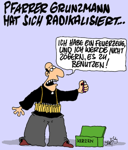 Cartoon: Radikalisiert (medium) by Karsten Schley tagged religion,pfarrer,kirche,christentum,radikalisierung,fundamentalismus,extremismus,religion,pfarrer,kirche,christentum,radikalisierung,fundamentalismus,extremismus