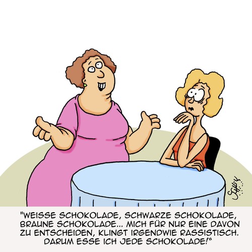 Cartoon: Rassistisches Essen??! (medium) by Karsten Schley tagged essen,diäten,gewicht,übergewicht,schokolade,gesundheit,nachen,fettleibigkeit,politik,rassismus,frauen,gesellschaft,essen,diäten,gewicht,übergewicht,schokolade,gesundheit,nachen,fettleibigkeit,politik,rassismus,frauen,gesellschaft