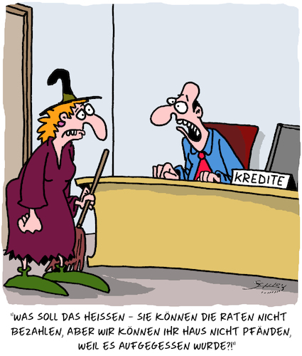 Cartoon: Ratenzahlung (medium) by Karsten Schley tagged baukredite,bausparen,kreditraten,ratenzahlung,wirtschaft,business,immoblilien,geld,schulden,gesellschaft,märchen,hexen,mythen,legenden,filme,literatur,banken,baukredite,bausparen,kreditraten,ratenzahlung,wirtschaft,business,immoblilien,geld,schulden,gesellschaft,märchen,hexen,mythen,legenden,filme,literatur,banken