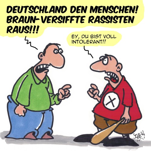 Cartoon: Raus!!! (medium) by Karsten Schley tagged rassismus,deutschland,ostdeutschland,faschismus,demokratie,gesellschaft,nazis,toleranz,politik,rassismus,deutschland,ostdeutschland,faschismus,demokratie,gesellschaft,nazis,toleranz,politik