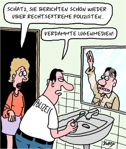 Cartoon: Rechtextreme Polizisten (medium) by Karsten Schley tagged polizei,rechtsextremismus,rechtsstaat,demokratie,grundgesetz,medien,politik,gesellschaft,deutschland,polizei,rechtsextremismus,rechtsstaat,demokratie,grundgesetz,medien,politik,gesellschaft,deutschland