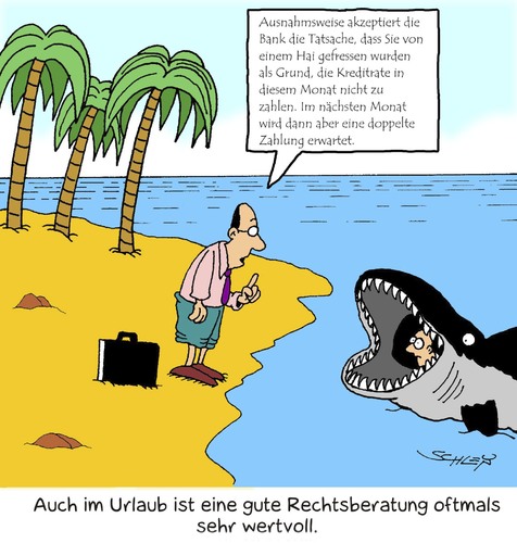 Cartoon: Rechtsberatung (medium) by Karsten Schley tagged rechtsanwälte,rechtsberatung,rechtschutz,urlaub,tiere,haie,gesetz,kredit,banken,wirtschaft,kreditrate,rechtsanwälte,rechtsanwalt,justiz,rechtschutz,urlaub,tiere,haie,gesetz,kredit,banken,wirtschaft,kreditrate