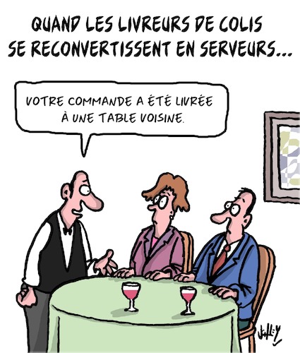 Cartoon: Reconversion (medium) by Karsten Schley tagged colis,poste,livreurs,restaurants,serveurs,clients,colis,poste,livreurs,restaurants,serveurs,clients