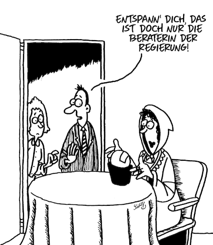 Cartoon: Regierungsberaterin (medium) by Karsten Schley tagged regierung,berater,beraterinnen,politik,ratschläge,voraussicht,entscheidungen,innenpolitik,außenpolitik,medien,öffentlichkeit,gesellschaft,regierung,berater,beraterinnen,politik,ratschläge,voraussicht,entscheidungen,innenpolitik,außenpolitik,medien,öffentlichkeit,gesellschaft