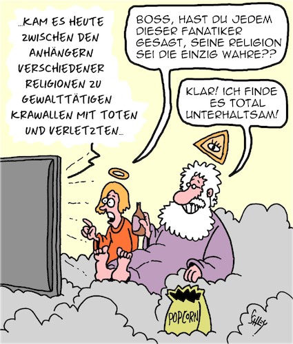 Cartoon: Religiöse Unterhaltung (medium) by Karsten Schley tagged religion,fanatismus,gott,glaube,unterhaltung,tv,gewalt,gesellschaft,religion,fanatismus,gott,glaube,unterhaltung,tv,gewalt,gesellschaft