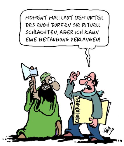 Cartoon: Religionsfreiheit (medium) by Karsten Schley tagged religion,judentum,religionsfreiheit,rituale,muslime,islamismus,terrorismus,karikaturen,politik,gesellschaft,eugh,justiz,demokratie,religion,judentum,religionsfreiheit,rituale,muslime,islamismus,terrorismus,karikaturen,politik,gesellschaft,eugh,justiz,demokratie