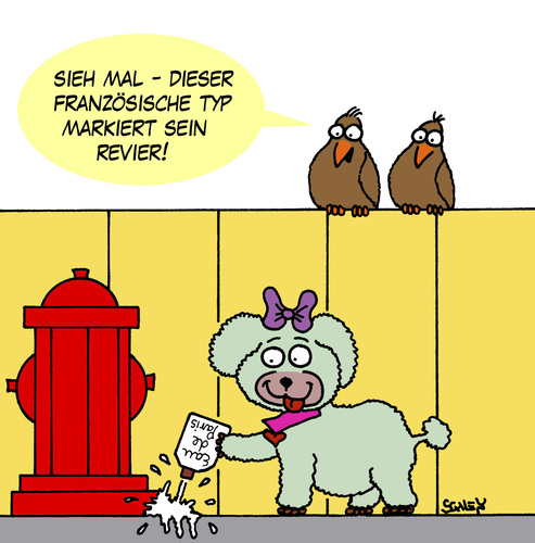 Cartoon: Revier (medium) by Karsten Schley tagged frankreich,französisch,tiere,hunde,haustiere,vögel,natur,frankreich,französisch,tiere,hunde,haustiere,vögel,natur