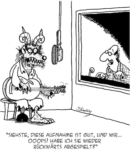 Cartoon: Rückwärts (medium) by Karsten Schley tagged rockmusik,teufelsbotschaften,dämonen,dämonisierung,mythen,aberglaube,medien,religion,gesellschaft,rockmusik,teufelsbotschaften,dämonen,dämonisierung,mythen,aberglaube,medien,religion,gesellschaft