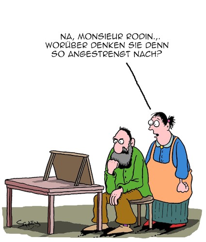 Cartoon: Ruhe! Er denkt nach! (medium) by Karsten Schley tagged kunst,bildhauerei,museen,roding,skulpturen,historisches,gesellschaft,frankreich,kunst,bildhauerei,museen,roding,skulpturen,historisches,gesellschaft,frankreich