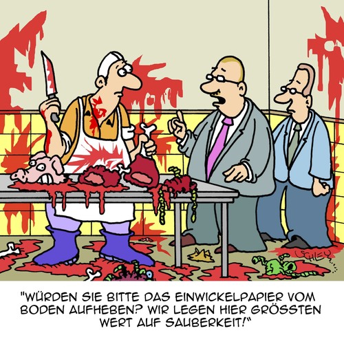 Cartoon: SAUBER!!! (medium) by Karsten Schley tagged sauberkeit,ernährungswirtschaft,ernährung,nahrungsmittel,fleisch,schlachter,fleischproduktion,nahrungsmittelindustrie,hygiene,arbeit,arbeitgeber,arbeitnehmer,wirtschaft,business,tiere,sauberkeit,ernährungswirtschaft,ernährung,nahrungsmittel,fleisch,schlachter,fleischproduktion,nahrungsmittelindustrie,hygiene,arbeit,arbeitgeber,arbeitnehmer,wirtschaft,business,tiere