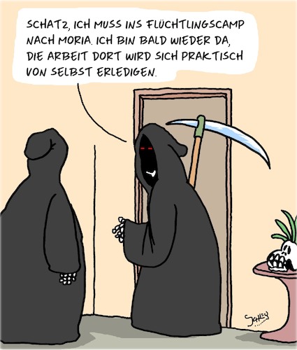 Cartoon: Schnell erledigt (medium) by Karsten Schley tagged coronavirus,moria,flüchtlinge,gesundheit,tod,politik,europa,corvid19,gesellschaft,coronavirus,moria,flüchtlinge,gesundheit,tod,politik,europa,corvid19,gesellschaft