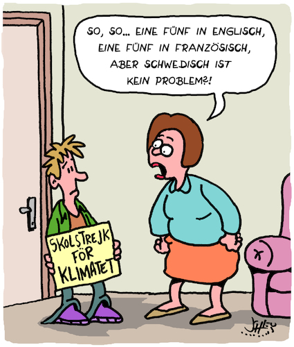 Cartoon: Schwedisch (medium) by Karsten Schley tagged schulstreik,schüler,zeugnisse,bildung,klima,klimawandel,politik,politiker,umwelt,industrie,gesellschaft,schulstreik,schüler,zeugnisse,bildung,klima,klimawandel,politik,politiker,umwelt,industrie,gesellschaft