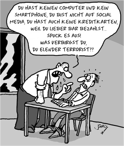 Cartoon: SEHR verdächtig!! (medium) by Karsten Schley tagged computer,technik,smartphones,internet,social,media,kreditkarten,bargeld,polizei,terrorismus,gesellschaft,computer,technik,smartphones,internet,social,media,kreditkarten,bargeld,polizei,terrorismus,gesellschaft