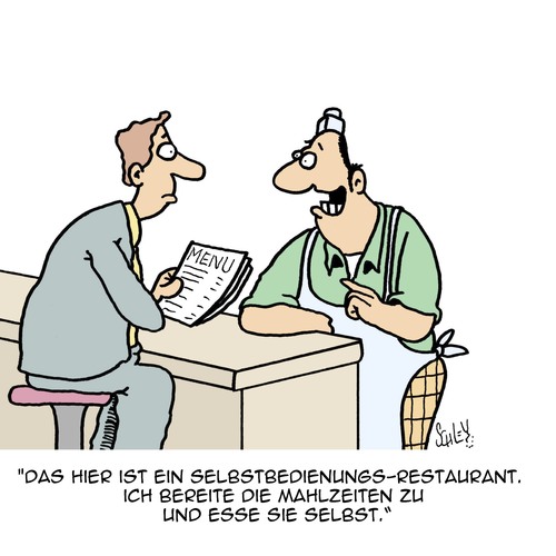 Cartoon: Selbst ist der Mann (medium) by Karsten Schley tagged gastronomie,fastfood,restaurants,essen,ernährung,kunden,service,selbstbedienung,kochen,gastronomie,fastfood,restaurants,essen,ernährung,kunden,service,selbstbedienung,kochen