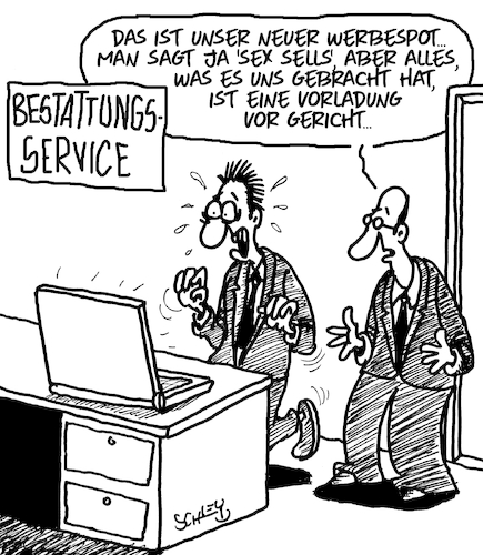 Cartoon: Sex sells (medium) by Karsten Schley tagged werbung,verkaufen,umsatz,profite,bestattungen,werbespots,medien,tv,erfolg,gesellschaft,sex,werbung,verkaufen,umsatz,profite,bestattungen,werbespots,medien,tv,erfolg,gesellschaft