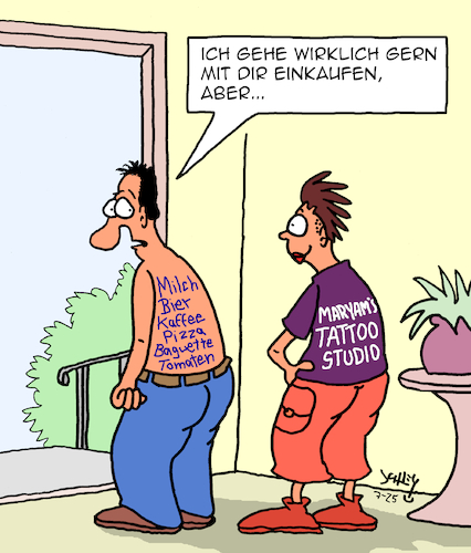 Cartoon: Shopping (medium) by Karsten Schley tagged tattoos,liebe,beziehungen,einkauf,männer,frauen,einkaufslisten,haushalt,gesellschaft,tattoos,liebe,beziehungen,einkauf,männer,frauen,einkaufslisten,haushalt,gesellschaft